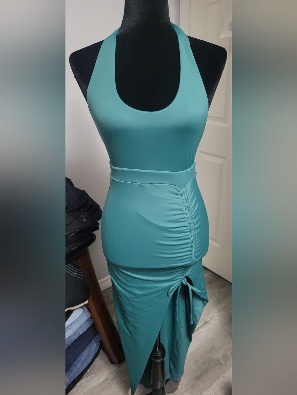 Babyboo Small Teal Halter Maxi Dress Ruched Slit Thigh High Green